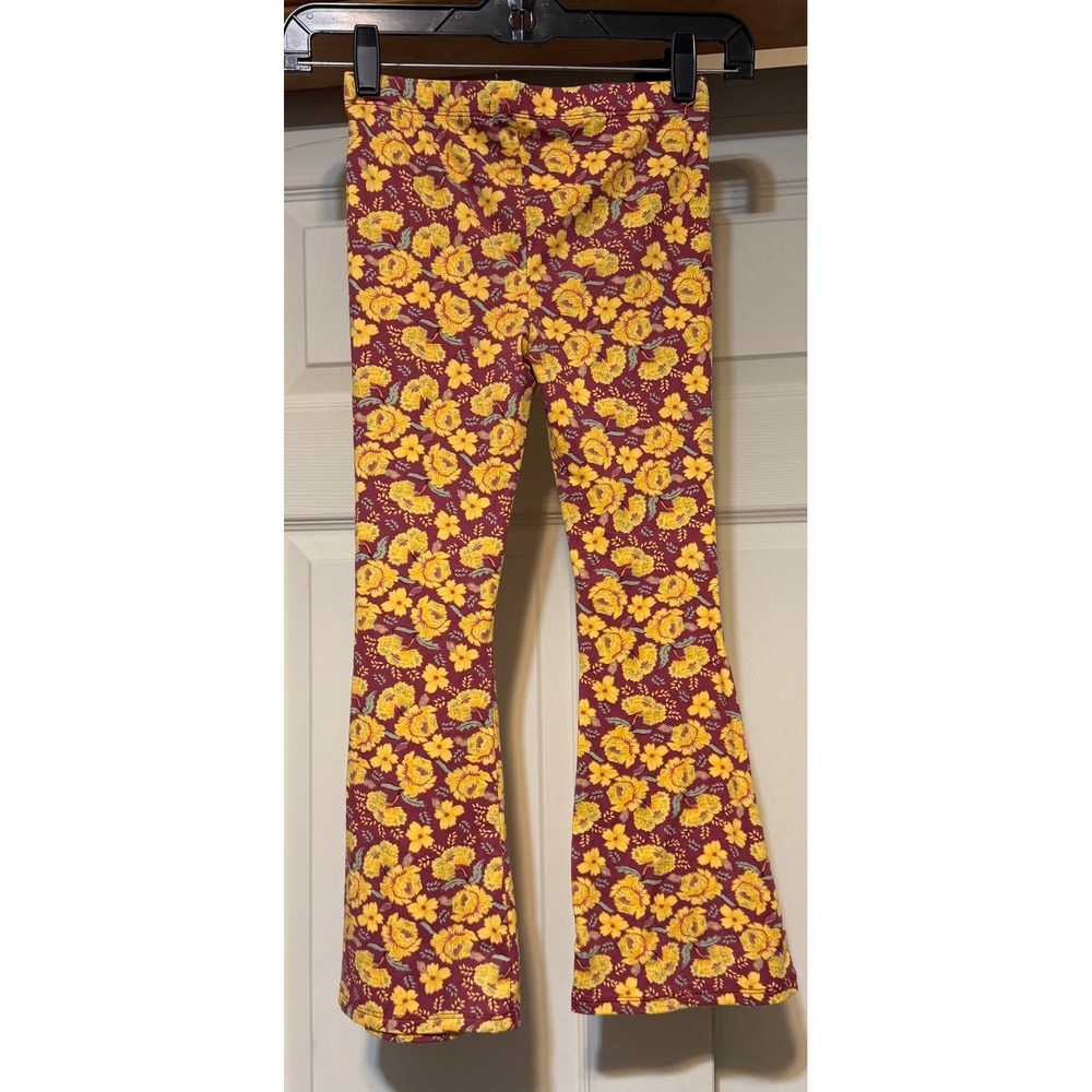 Btwen Girls Floral Bell Bottom Leggings Burgundy Yellow Flare Pants Size 8 - Picture 2 of 4